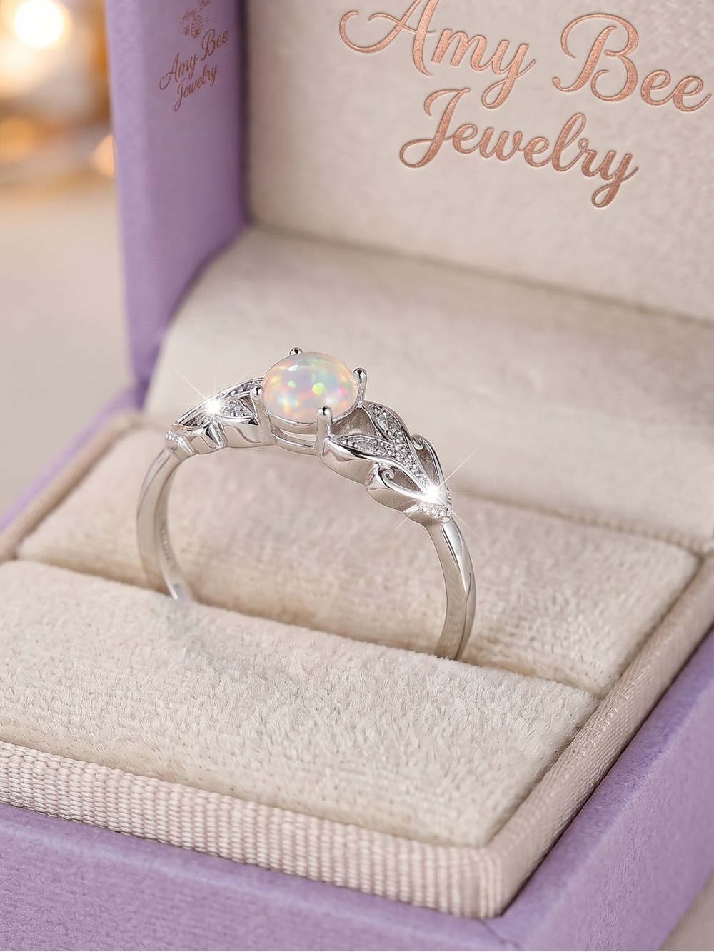 White Gold Plated Opal CZ Intricate Design Ring. New.